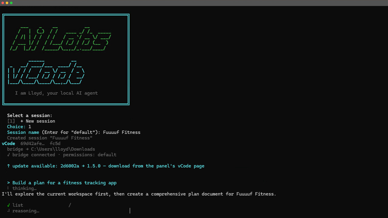 vCode terminal interface with streaming actions and local file edits
