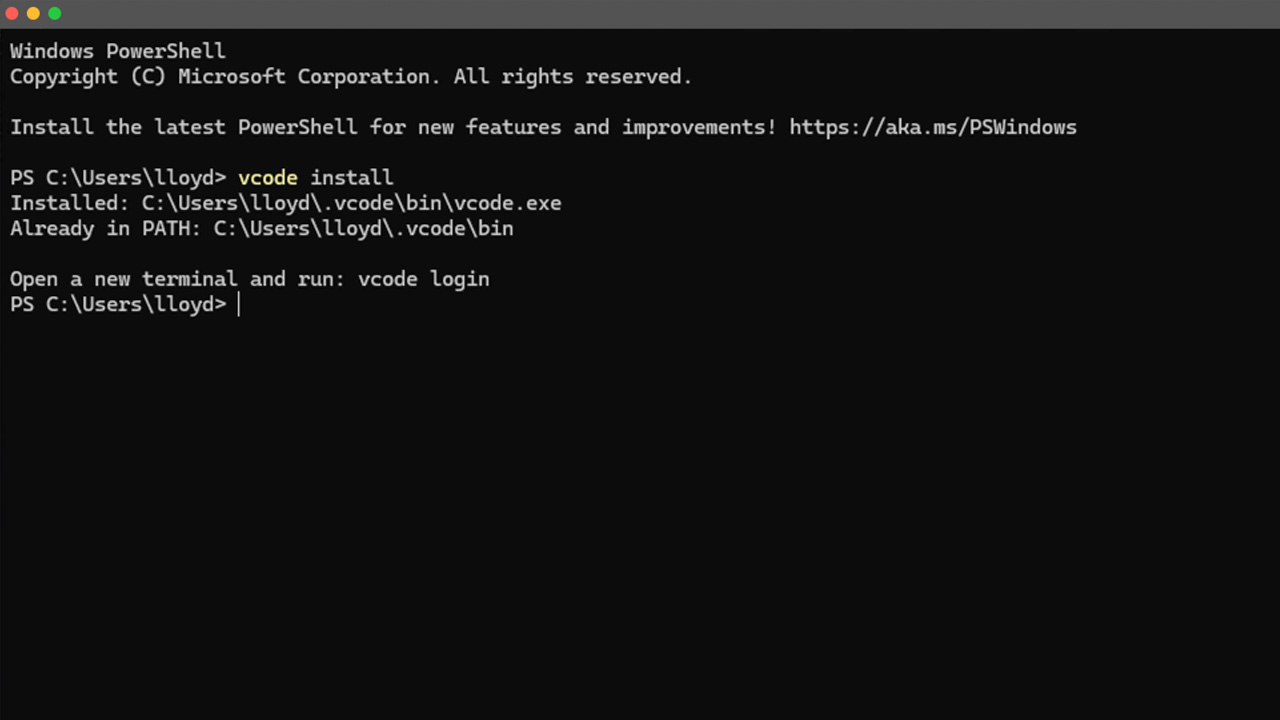 vCode install command and OS badges for Windows, macOS, and Linux